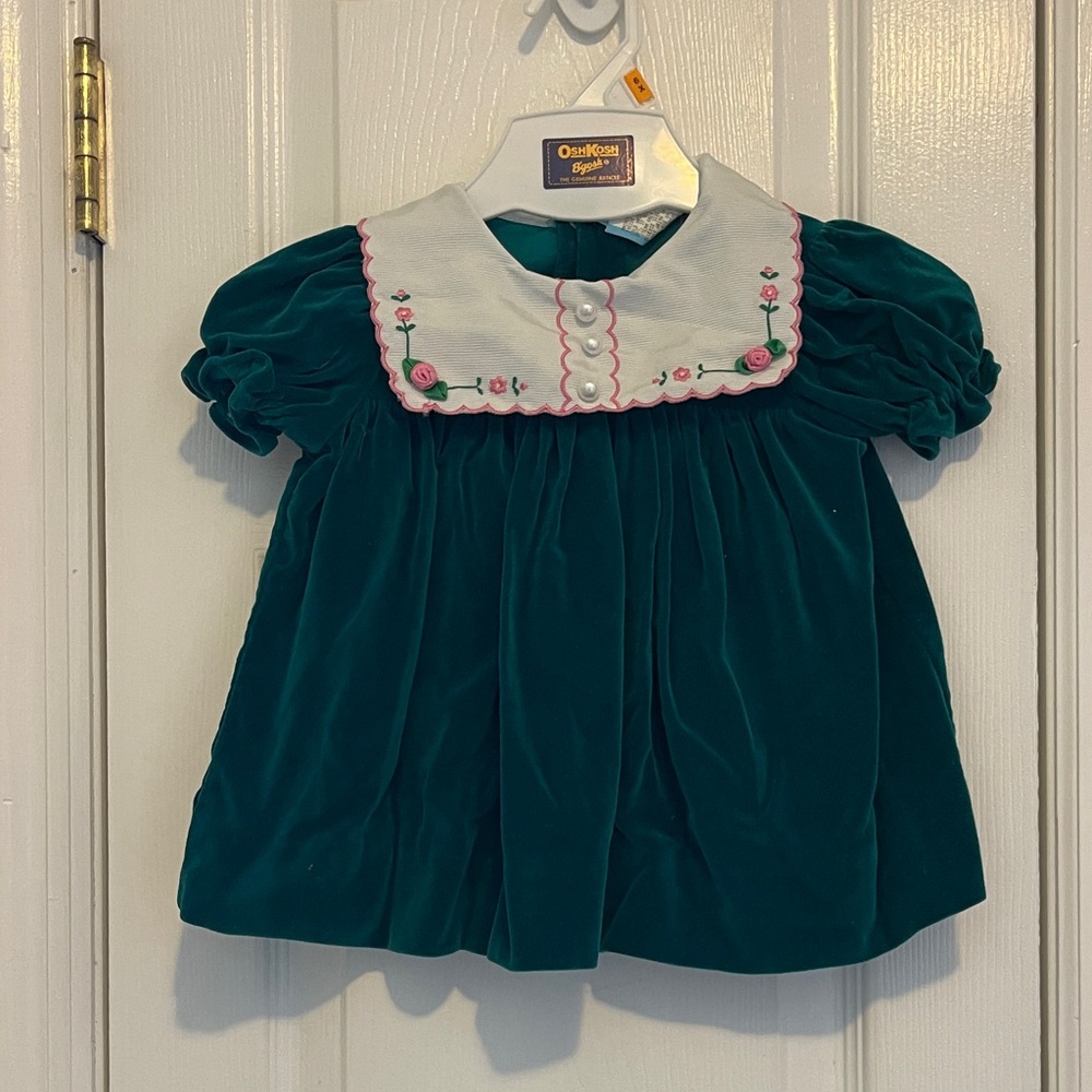 Petit Ami green Velvet baby girl dress with Embroidered Collar
